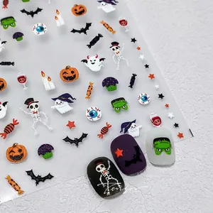 Stickers à ongles 3D Halloween avec motifs de citrouilles, fantômes et chauves-souris
