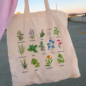 Sac fourre-tout en toile beige avec imprimé floral rétro et noms de plantes