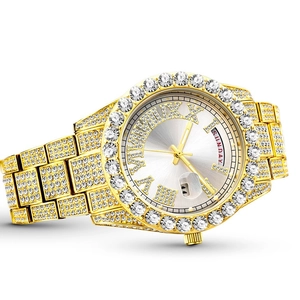 Luxury full diamond gold watch for men featuring weekday and date display with iced out finish