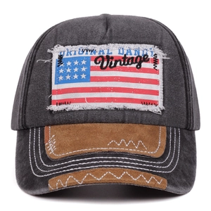 Vintage charcoal grey washed cotton baseball cap with American flag embroidery patch