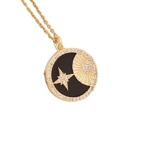 18K gold plated necklace with black enamel round pendant and zircon star moon pattern