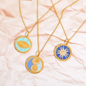 Three vintage round enamel tarot necklaces with sun and moon pendants on gold chains