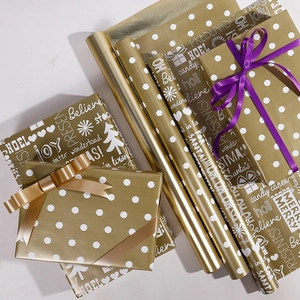 Elegant gold Christmas wrapping paper set with white dots and festive holiday patterns