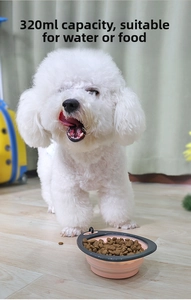 Pink silicone folding dog bowl with 320ML capacity for pet water and food