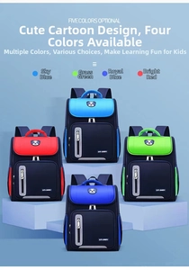 Detailed display of four colorful ergonomic school bags for children in multiple hues