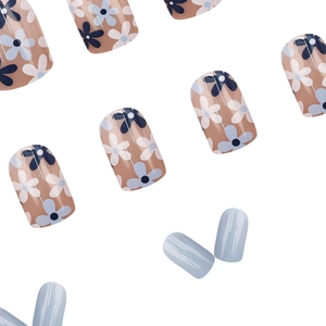 Short square blue vintage floral press-on nails with shiny finish and nude accents
