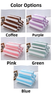 Detail view of coral fleece striped towel sets in coffee, purple, pink, green, and blue