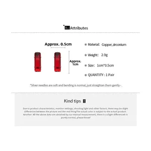 Rectangle red zircon earrings in copper with dimensions of 1cm by 0.5cm and 2.9g weight