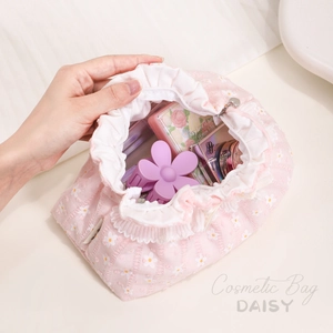 Floral pink cloud cosmetic bag with ruffled edges and large capacity for makeup storage