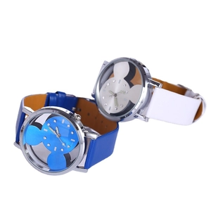 Cartoon Mickey Mouse style quartz watch with leather strap and rhinestone dial for women