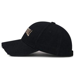 Distressed black baseball cap with gold Pitbull embroidery and vintage frayed brim