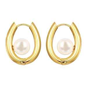 Elegant 18K gold plated oval hoop earrings with pearl inlay for women fashion