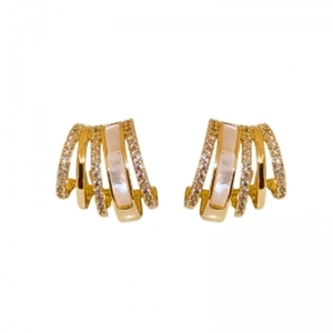 Elegant gold layered C-shaped hoop earrings with sparkling crystals and mother of pearl