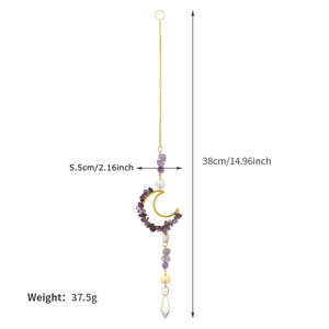 Natural amethyst moon suncatcher with crystal prisms and golden chain hanging decor