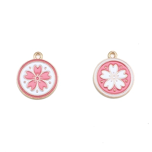 Pair of pink cherry blossom alloy charms with gold frames for DIY jewelry making