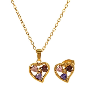 Elegant 18k gold plated jewelry set with heart-shaped colorful zircon necklace and earrings