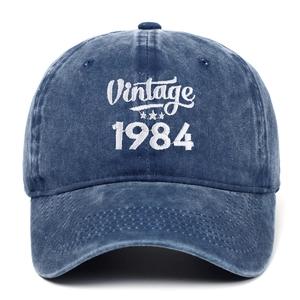 Washed navy blue cotton baseball cap with white Vintage 1984 embroidery and stars