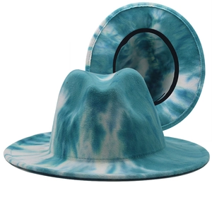 Blue and white tie-dye wool fedora hat with a classic wide brim and ink wash pattern