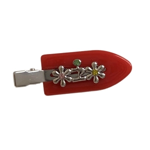 Barrette à cheveux rouge chic avec fleurs métalliques argentées et pierres colorées