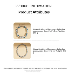 Detail view of oval resin pearls and rhinestone necklace set in gold finish