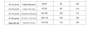 Size chart for men genuine leather belt showing various waist measurements and lengths