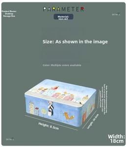 Detail view of a blue tin storage box with lock showing 24.5x18x8.5cm dimensions