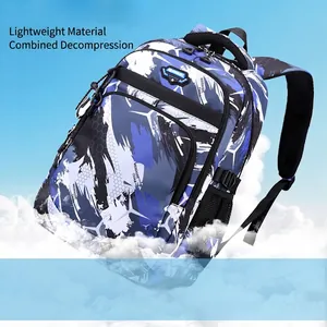 Lightweight camouflage backpack for men featuring a blue and white graffiti design