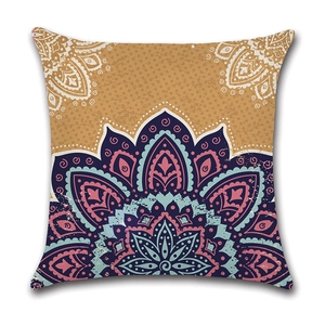 Close-up of mandala pattern pillowcase featuring deep blue and pink geometric motifs