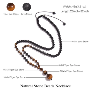 Handmade yoga necklace with natural tiger eye stone pendant and black lava rock beads