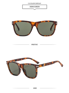Front and side views of tortoiseshell square sunglasses with dark green lenses