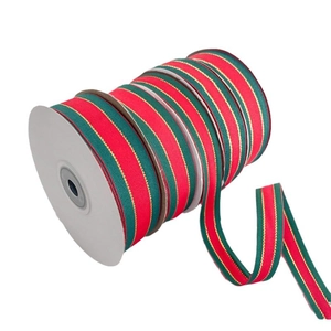 Red green and gold striped grosgrain ribbon roll for Christmas gift wrapping and DIY decor
