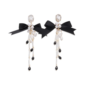 Elegant bow earrings with black ribbon and faux pearl tassels for a sophisticated look