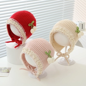 Winter lace floral baby knit hat with ear flaps and cherry decor in multiple colors