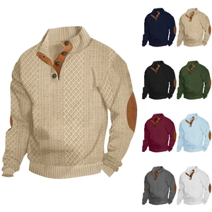 Men's outdoor casual stand-up collar jacquard knit pullover with suede elbow patches