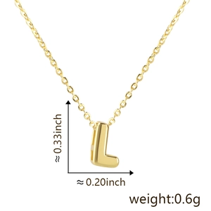 Detailed view of golden letter L pendant showing 0.33in height and 0.6g weight metrics