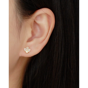 Minimalist S925 silver crown earrings with baguette cubic zirconia stones worn on ear