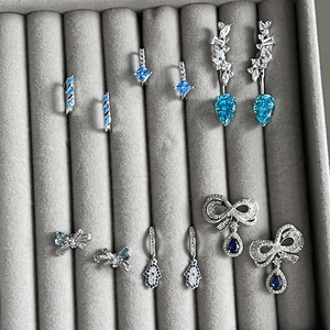 S925 sterling silver earring set with blue heart and teardrop zircon in gray box