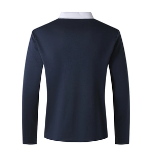 Back view of a long-sleeved polo shirt featuring a navy body and white contrast collar