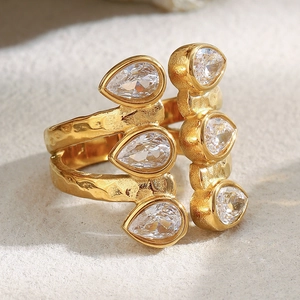 18K gold plated double layer ring with pear cut cubic zirconia and hammered texture