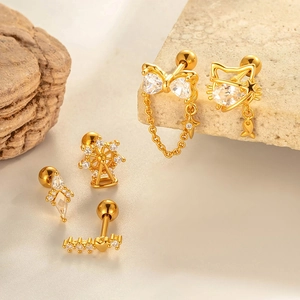 Titanium steel stud earring set with gold bow, cat, and ferris wheel motifs and zircons