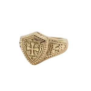 Vintage gold shield ring with knight cross relief and geometric engraved patterns
