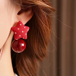 Chic red polka dot star and pearl drop earrings for women with cute fabric star design