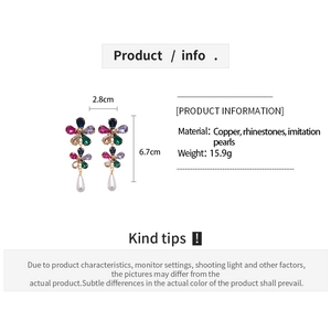Detailed spec sheet of crystal flower drop earrings with size and material information