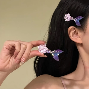 Sweet Dreamy Gradient Fishtail Flower Hair Clip With Artificial Pearl Rhinestone Elegant Duckbill Side Clip Hair Accessories For Women