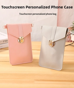 Detailed view of PU leather phone bags with golden circular buckle and touch screen window