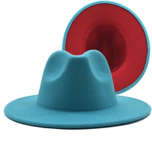Two-tone wool felt fedora hat in teal blue and red with a stylish flat brim design