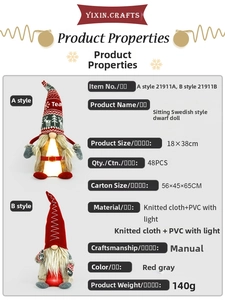 Detailed size and specs chart of Swedish Christmas Gnomes with LED light and red-gray design