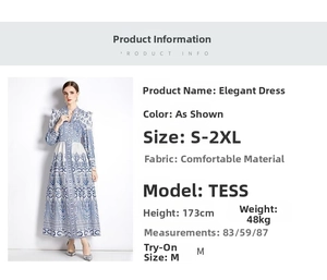 Detail view of V-neck lantern sleeve maxi dress with blue and white porcelain pattern