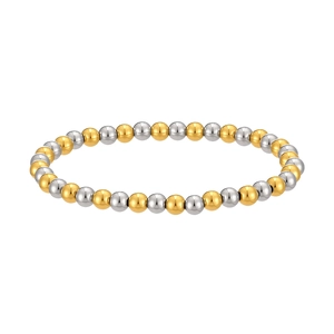 Macro detail of a high-quality gold and silver two-tone stainless steel beaded elastic bracelet