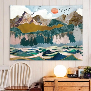 Detail of abstract landscape tapestry with marble mountains and pink pine forest in room